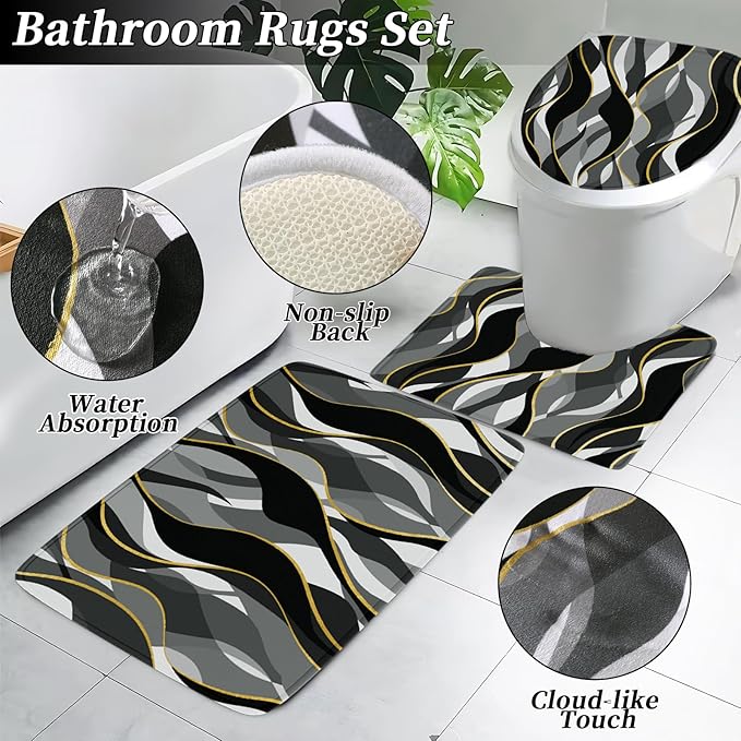 Bathroom Set - Black and Gold Bathroom Accessories, Bathroom Sets with Shower Curtain and Rugs, Black Shower Curtain Set with Bathroom Trash Can, Soap Dispenser, Soap Dish for Home Decor