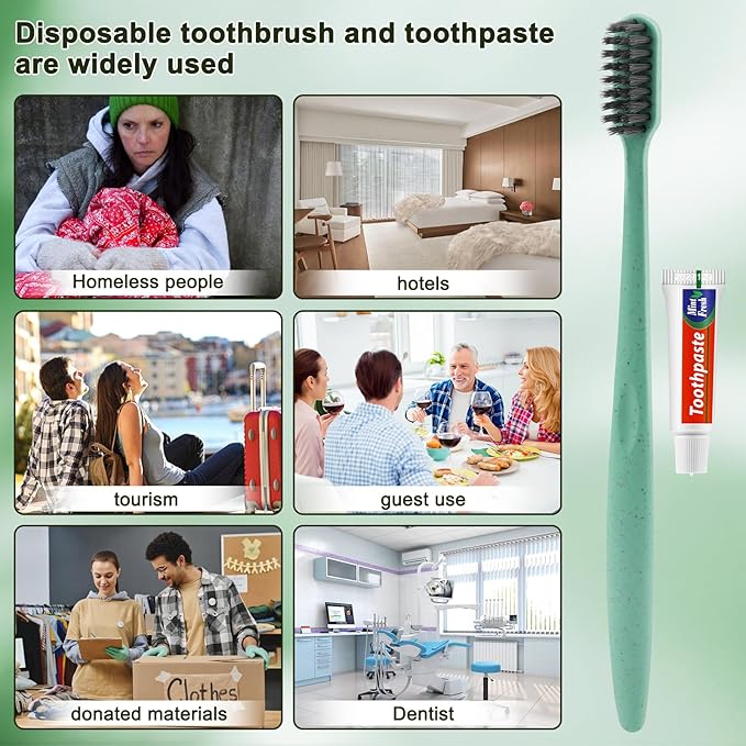 HOFASON Disposable Toothbrushes with Toothpaste 50 Pack, Disposable Travel Bulk Toothbrush and Toothpaste Set Individually Wrapped, Travel Size Toiletries for Homeless, Shelter, Charity, Hotel