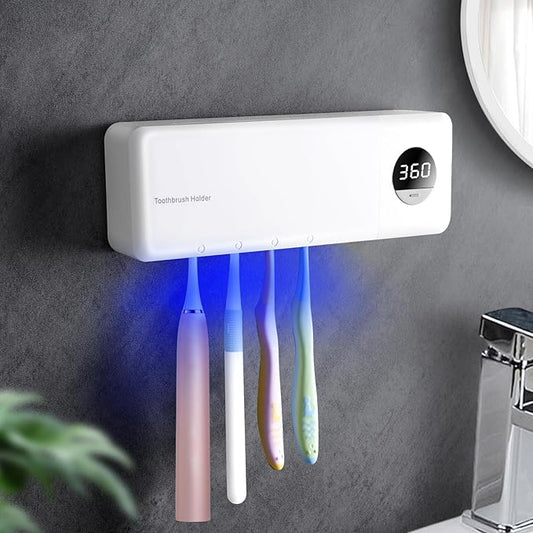 Sanitizeri Toothbrush Holder, Sanitizeri Toothbrush Cleaner, 2000mAh Rechargeable Cordless Wall Mounted Holders for Bathroom, 4 Slots & Timer Function, White