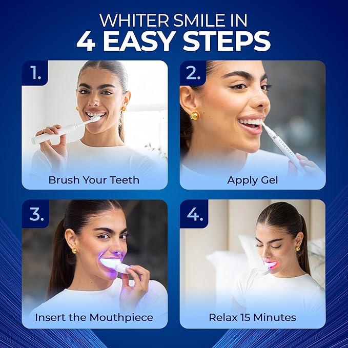 Premium Teeth Whitening Kit with a Rechargeable Wireless Red and Blue UV Whitening Spectrum LED Lights Accelerator Mouthpiece, a Sanitizing Travel Storage Case & Three 2 ml Whitening Gel Pen