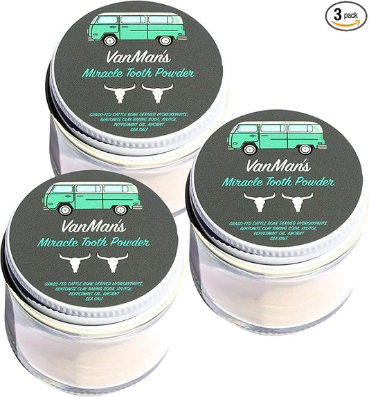 Vanman’s - Mint and Bone Tooth Powder Toothpaste (3 Pack) - Remineralizing Tooth Powder with Cattle Bone Derived Hydroxyapatite, Bentonite Clay, Peppermint Oil and Baking Soda - 2.2 oz