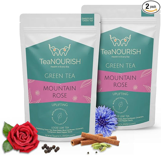TeaNOURISH Mountain Rose Green Tea | Loose Leaf Tea | Blended with Rose Petals, Blue Cornflower & Cinnamon | 100% NATURAL INGREDIENTS | Brew Hot or Iced Tea - 1.76oz/50g (Pack of 2)