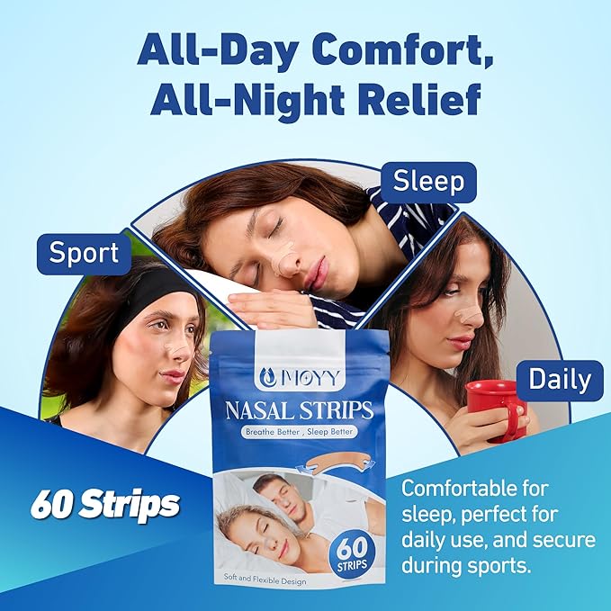 MOYY Nasal Strips - 60 Count – Extra Strong Adhesive, Hypoallergenic, Comfortable Fit for Snoring, Sleep, Cold Relief & Exercise