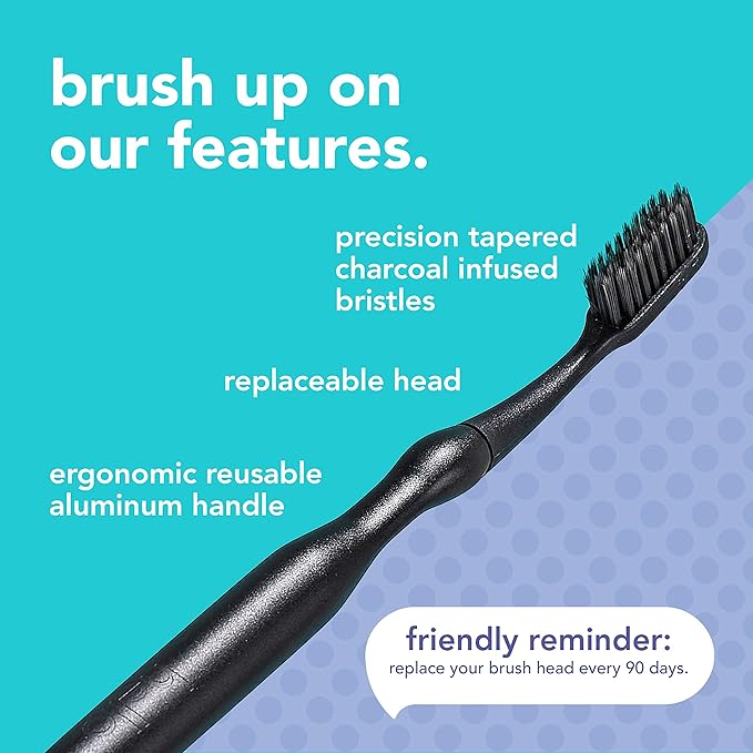 hello Manual Adult Toothbrush With Reusable Charcoal Modern Aluminum Handle & 4 Soft Replacement Heads, Bpa-free, 4 count