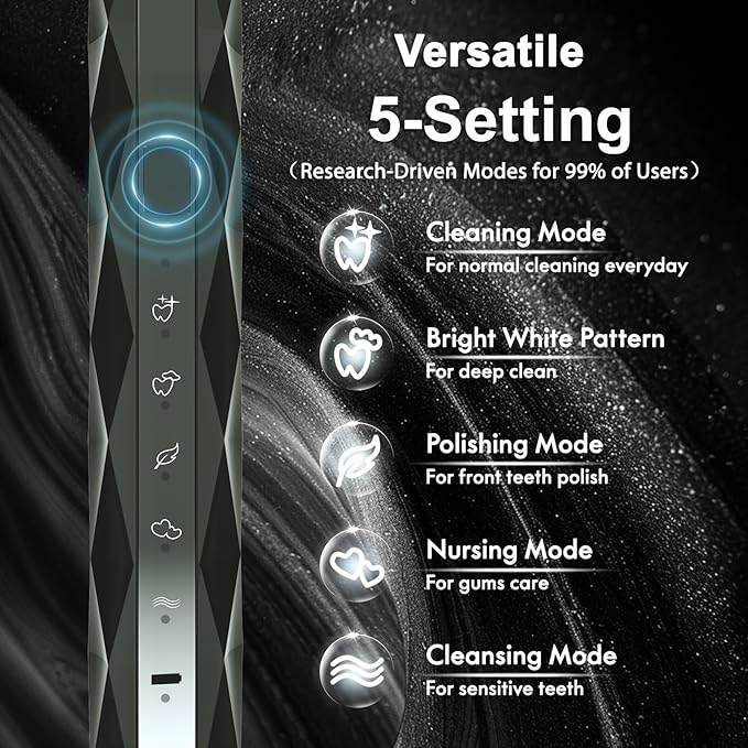 Diamond Style - Sonic Electric Toothbrush for Adults and Kids, Comes with 10 Brush Heads & Travel Case, 5 Modes with 2 Minutes Built in Smart Timer, One Charge for 90 Days, 42,000 VPM Motor (Black)