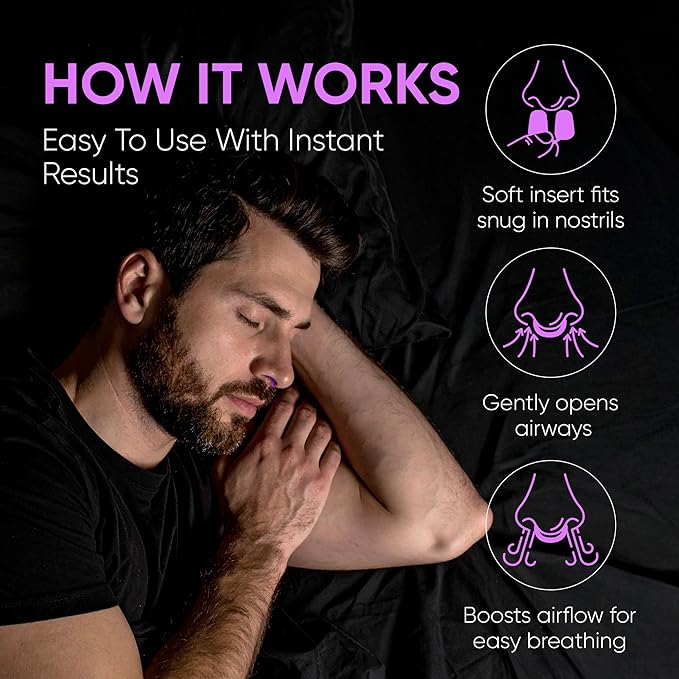 Anti Snoring Devices – Nasal Dilators - Nose Clips for Snore Relief & Better Sleep – Comfortable Silicone Snore Stopper – Anti Snoring Nose Vents – 8 Pack + Travel Case (Purple)