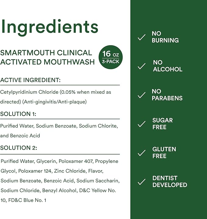 SmartMouth DDS Activated Clinical Mouthwash - for Fresh Breath - Clinical Strength Mouthwash for Gum Health, Gingivitis & More - Clean Mint Flavor, 16 fl oz (3 Pack)