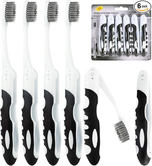 Lingito Folding Toothbrush with Built-in Cover - Travel Size, Collapsible, Soft-Charcoal (6 Pack)