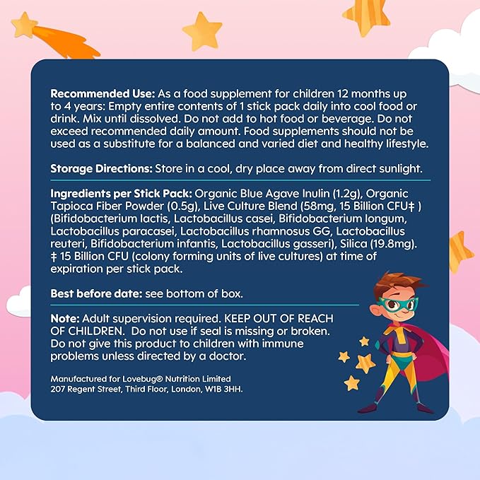 Lovebug Kids Probiotic Powder with Prebiotic Fiber - Toddler Immunity Support & Constipation Relief - USDA Organic Probiotics for Childrens Gut & Digestive Health (Ages 1-4) - 30 Pack (Unflavoured)