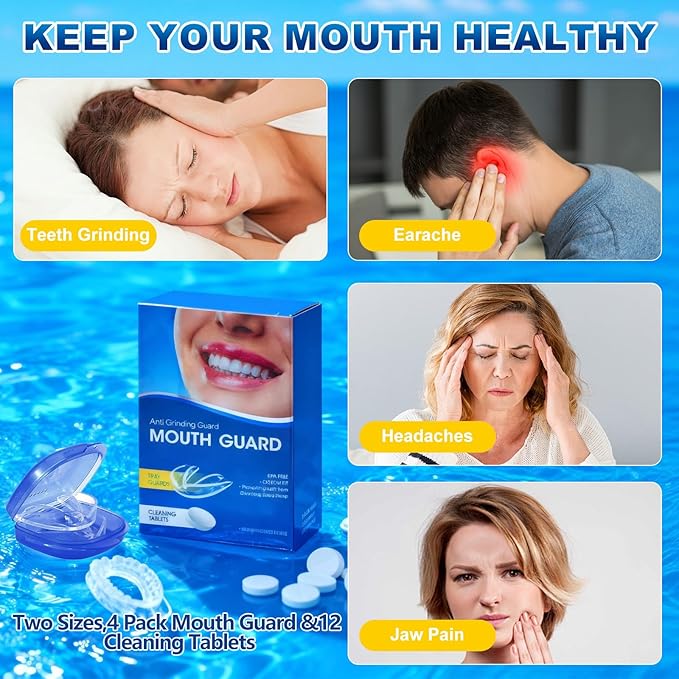 Two Sizes,4 Pack Mouth Guard for Grinding Teeth at Night,Moldable Dental Guard for Sleeping,Nighttime Protection for Teeth with 12 Cleaning Tablets