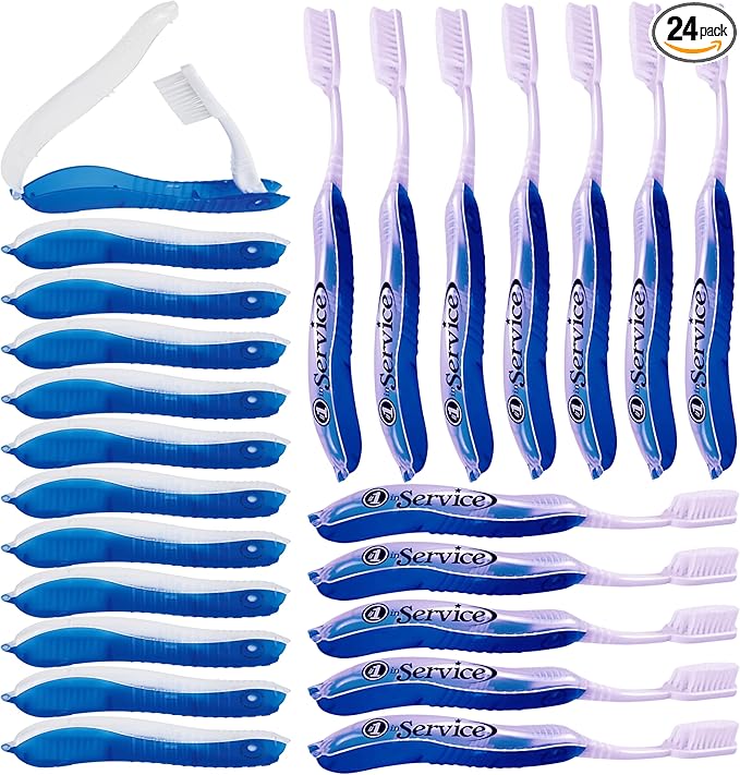 Number 1 In Service 24 Pack Foldable Travel Toothbrushes Soft Bristle Compact Size for Adults, Kids, Men, Women, Mini Tooth Brush Set for Camping, Hotel, Airplane, Toiletry Kits Individually Wrapped