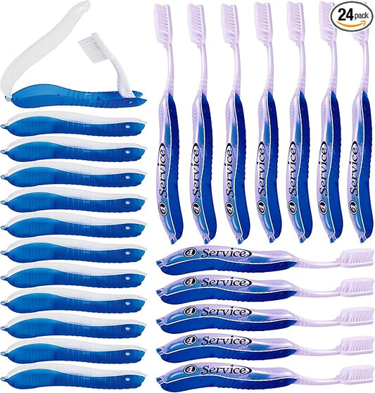 Number 1 In Service 24 Pack Foldable Travel Toothbrushes Soft Bristle Compact Size for Adults, Kids, Men, Women, Mini Tooth Brush Set for Camping, Hotel, Airplane, Toiletry Kits Individually Wrapped