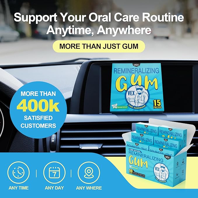 VEX Remineralizing Gum with Nano Hydroxyapatite Supports Fresh Breath and Oral Health, Xylitol Handmade Chewing Gum for Enamel Protection Sugar Free Aspartame Free Gluten Free (90, Mastic Mint)