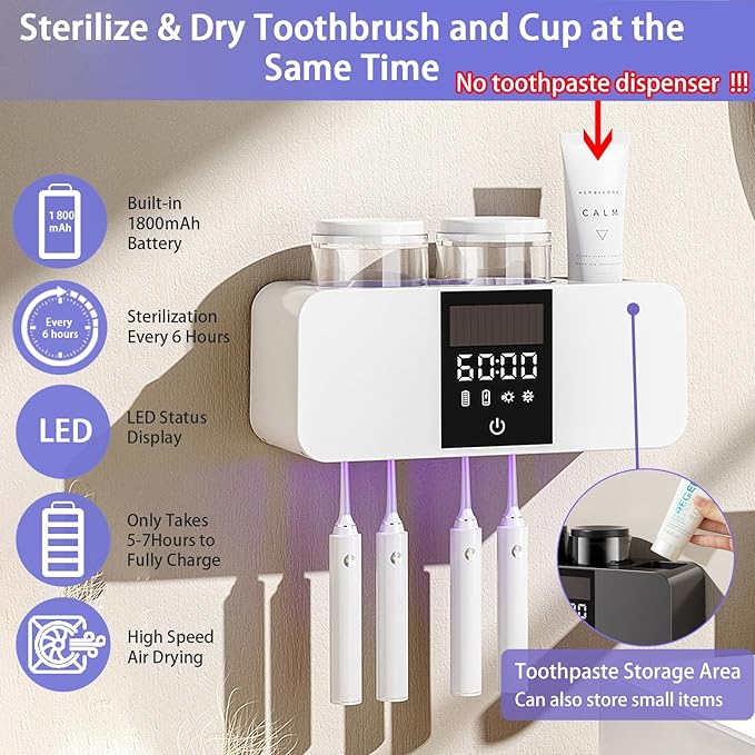 Toothbrush Holder Wall Mounted, 2 Cups Solar Powered Toothbrush Stand, Smart Toothbrush Holder with Cleaning and Drying, Cleaning Box with 4 Toothbrush Slot for Bathroom (White - 2 Cup)