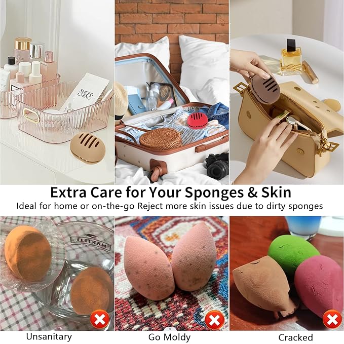 Makeup Sponge Holder,Double-sided Stripe Vented Silicone Beauty Blender Holder for Travel,Shatterproof Make Up Sponge Travel Case for All Sponges Sanitary Reuse Easy to Carry,Coffee