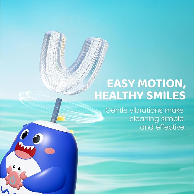 Well Before Kids U Shaped Electric Toothbrush with 5 Brush Heads, Ultrasonic, 5 Modes, IPX7 Waterproof Design (Shark, Grey Ages 2-7)
