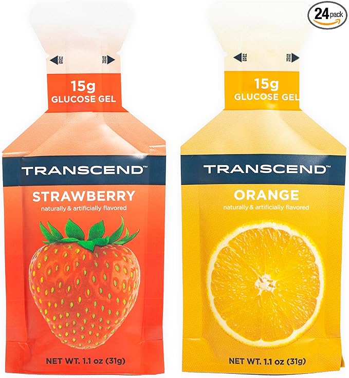 Transcend Foods Strawberry + Orange Gels (1.1 oz, Pack of 24) Fast-Acting Carb Gel Strawberry and Orange Flavor – Caffeine Free, Gluten Free