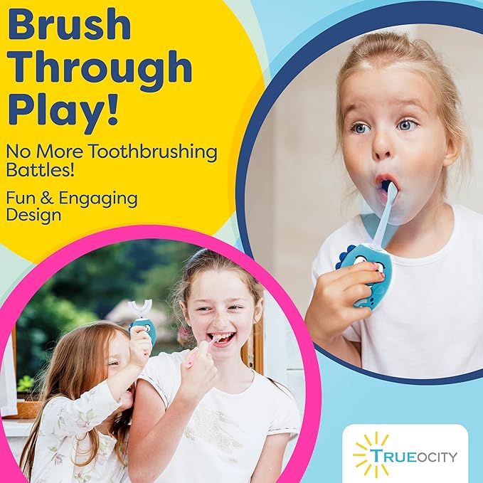 Trueocity Kids U Shape Toothbrush Auto Electric Toddler Rechargeable Kids Automatic Toothbrush | 360° U-Shaped Silicone Brush Head | Gentle Cleaning for Ages 2–7| Dinosaur Design (Blue)