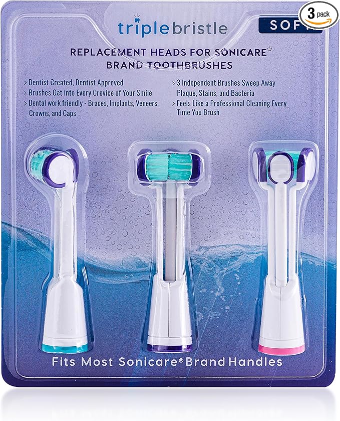 Compatible with Philips Sonicare® ONLY- Three Headed Replacement Toothbrush Heads - Fits ONLY Sonicare Models: DiamondClean, Flexcare+, HealthyWhite+, 2 Series Plaque Control (Soft Bristles - 3 Pack)