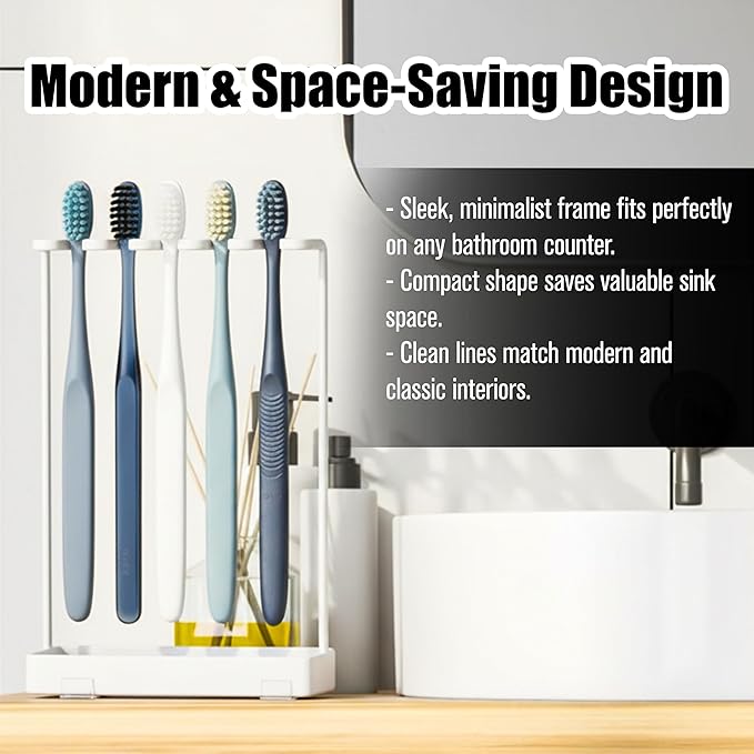 Stainless Countertop Toothbrush Holders Stand, Rustproof Bathroom Organizer with 5 Ventilated Slots to Hold Manual Toothbrushes and Razor, Metal Storage Collection for Family, Suitable for Home Vanity