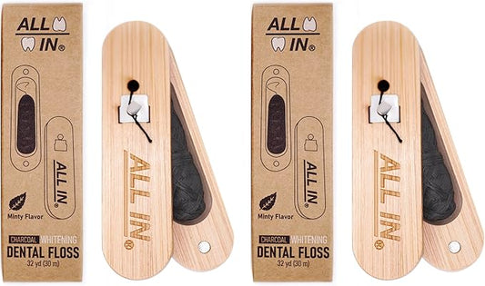 ALL IN Waxed Charcoal Floss with a Refillable Dental Floss Holder - Plant Based, No PFAS - Mint Floss for Effective Plaque Removal, Clean Teeth, Fresh Breath - 32 yd (2)