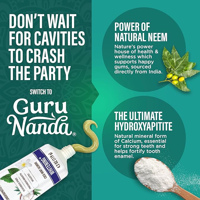 GuruNanda Hydroxyapatite Toothpaste, SLS & Fluoride Free, Whitening Toothpaste - Freshens Breath, Fights Plaque - Natural CocoMint Jasmine Neem, 4.2oz (Pack of 2)