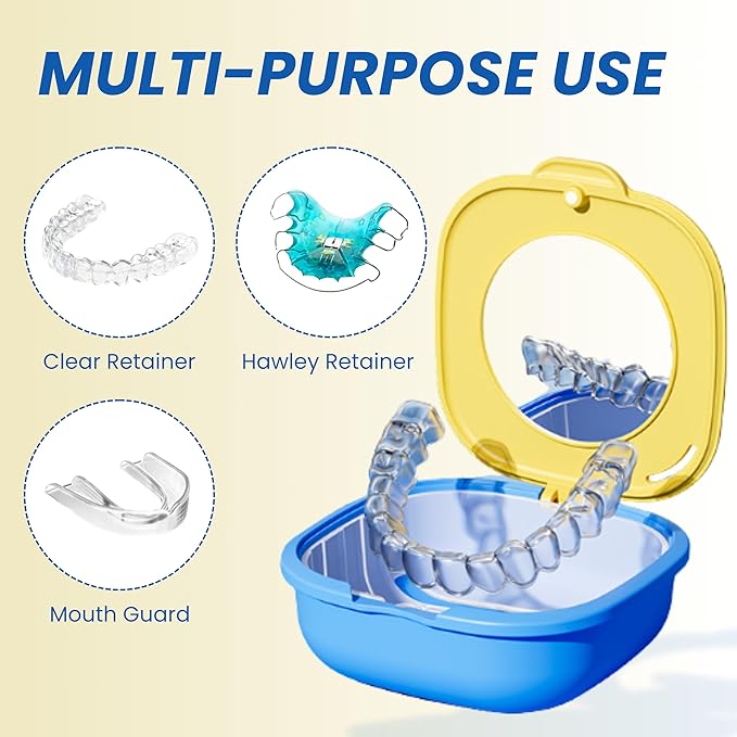 Retainer Case with Mirror and Vent Holes, Cute Slim Aligner Case Compatible with Invisalign, Magnetic Closure Orthodontic Case for Retainers and Mouth Guards (Yellow & Royal Blue)