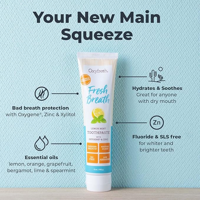 Oxyfresh Premium Lemon Mint Fresh Breath Toothpaste to Help Fight Bad Breath, Anti Plaque & Tartar Control - Low Abrasion Gel, SLS & Fluoride Free Toothpaste with Essential Oils, 5oz