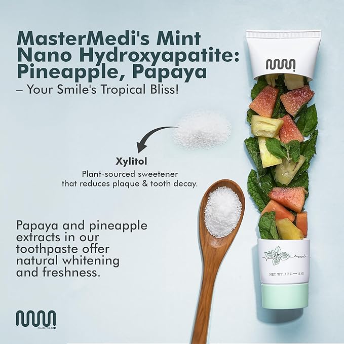 MasterMedi Nano Hydroxyapatite Toothpaste (Inspired by 10% nHA Formulas), Fluoride-Free, Whitening, Sensitive Teeth Care, Enamel Support, SLS Free, Xylitol, Magic Mint, 4 Oz (Pack of 3)