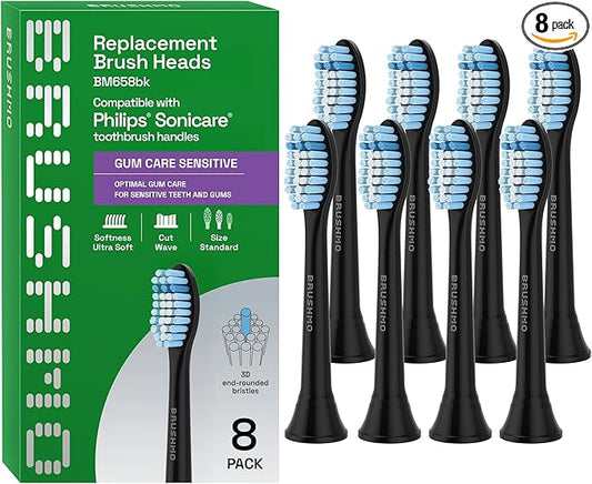 Brushmo Sensitive Replacement Toothbrush Heads Compatible with Phillips Sonicare (Sensitive, Black)