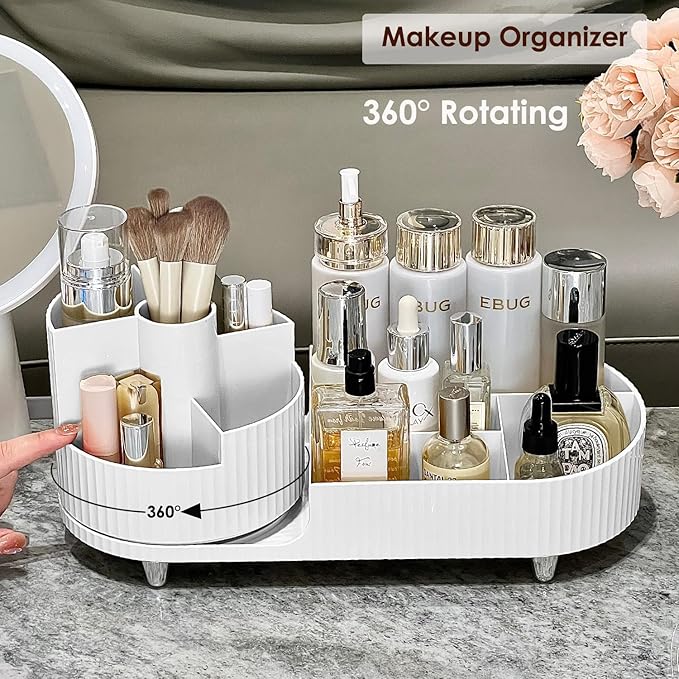 Makeup Organizer Countertop Rotating Makeup Organizer for Vanity Large Capacity Cosmetic Display Case with Makeup Brush Holder Cosmetic Organizer Countertop（White）