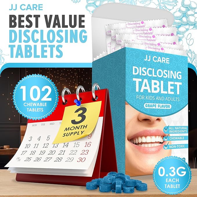 JJ Care Disclosing Tablets for Teeth- 102 Count, Individually Wrapped Plaque Disclosing Tablets for Kids Brushing Teeth, Grape Flavored Plaque Remover, Dental Care for Brushing