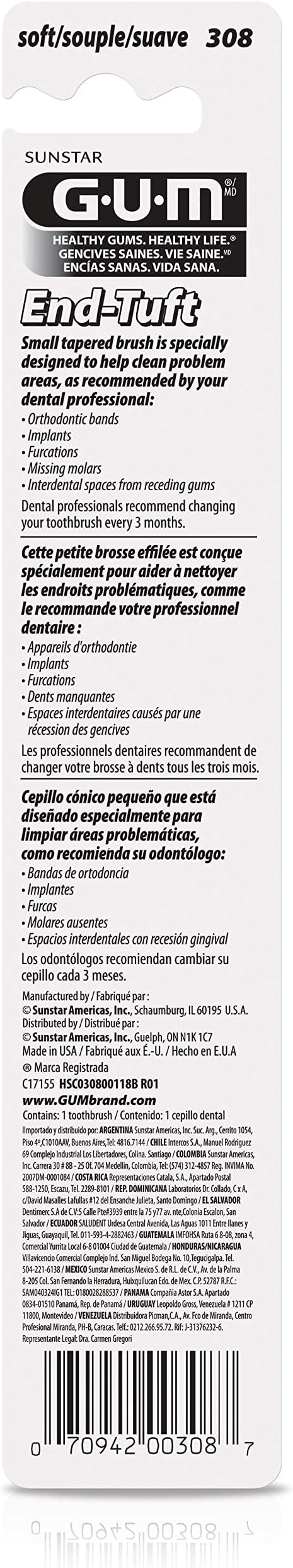 GUM End Tuft Toothbrush - Extra Small Head for Hard-to-Reach Areas - Implants, Back Teeth, and Wisdom Teeth - Soft Dental Brush for Adults, 1ct (Pack of 2)