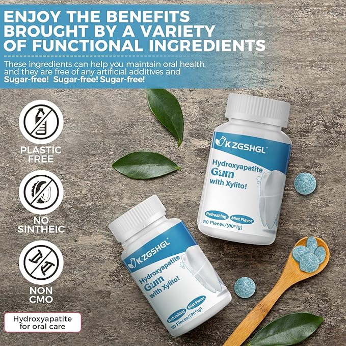 Remineralizing Gum, Hydroxyapatite Gum, 90 Pieces, Xylitol Gum, Good for Teeth Remineralization, Sugar-Free Mint Chewing Gum with Xylitol, Two pills after meals to freshen breath and clean teeth