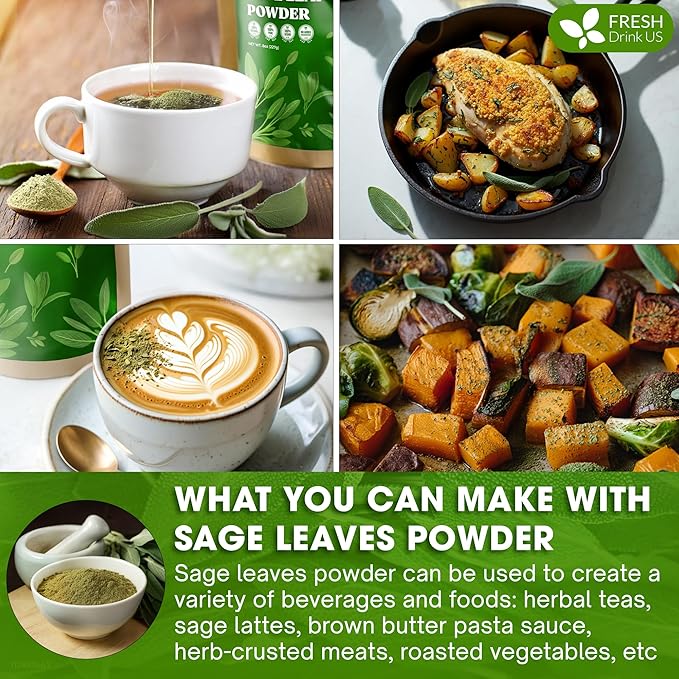 FreshDrinkUS, Sage Leaf Powder 8oz – Premium Culinary Herb, Pure Ground Sage Leaves for Cooking, Baking & Herbal Infusions – Resealable Pouch