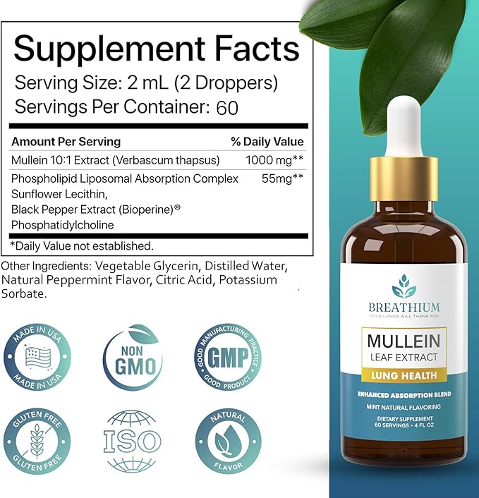 4-in-1 Mullein Drops for Lungs & Gut Health – Liposomal Mullein Leaf Extract, Sunflower Lecithin & Choline for Immune, Digestive, Allergy & Mucus Relief – Made in USA – 4oz Peppermint