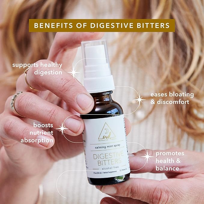 OWL Calming Mint Digestive Bitters Spray – Natural Digestive Aid with Dandelion Root, Chamomile, and Peppermint – Supports Digestion, Soothes Digestive Tract, and Freshens Breath – 1 fl oz