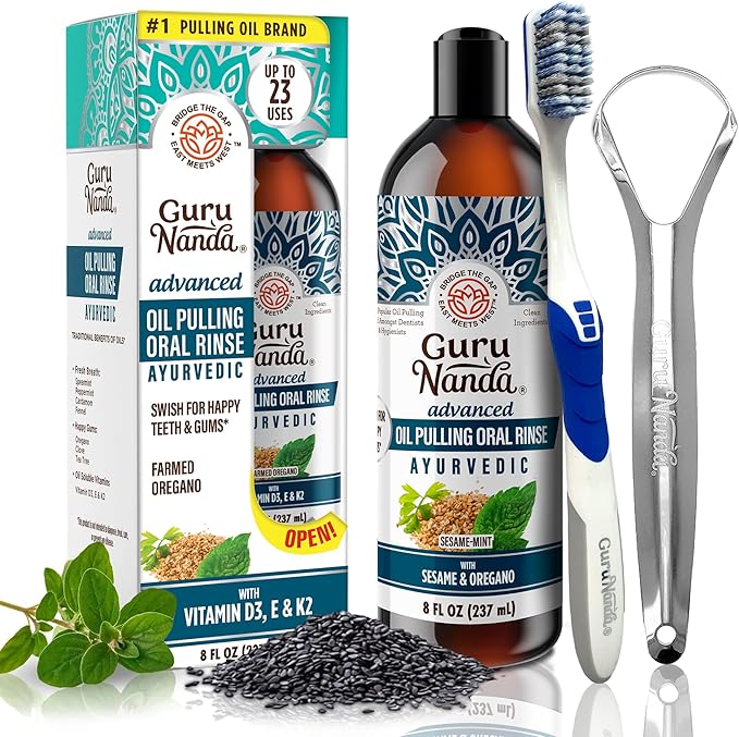 GuruNanda Advanced Oil Pulling Mouthwash for Enhanced Oral Care with Sesame & Oregano Oil, Promotes Deep Cleaning for Healthy Teeth & Gums, with Toothbrush and Tongue Scraper, Alcohol-Free, 8 Oz
