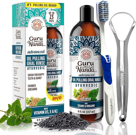 GuruNanda Advanced Oil Pulling Mouthwash for Enhanced Oral Care with Sesame & Oregano Oil, Promotes Deep Cleaning for Healthy Teeth & Gums, with Toothbrush and Tongue Scraper, Alcohol-Free, 8 Oz