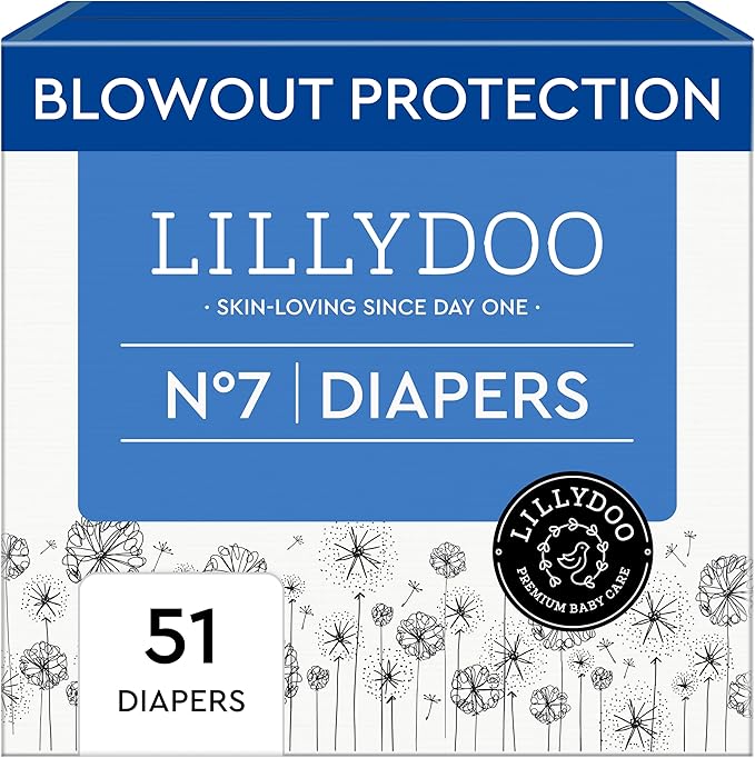 LILLYDOO Baby Diapers - Size 7 (33+ lbs), Half-Monthly Supply (51 Count), Leak Protection, Skin-Friendly, Ultrasoft, Perfume- & Chlorine-Free, Hypoallergenic, dermatologically Tested, Oeko-TEX®