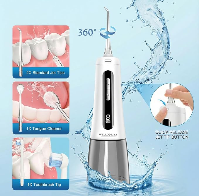 Cordless Water Flosser for Teeth – 300mL Large Tank, 9 Pressure Levels, LED Display, USB-C Rechargeable, IPX7 Waterproof Dental Oral Irrigator for Home & Travel (White)