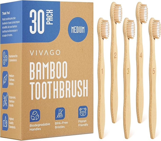 Bamboo Toothbrushes Medium Bristles 30 Pack - BPA Free Medium Bristles Toothbrushes for Adults - Eco-Friendly, Natural Wooden Toothbrush