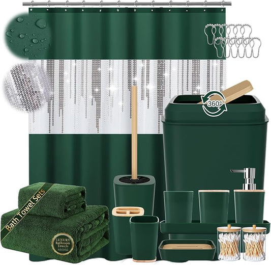 Dark Green Bathroom Accessories Set with Sequin Shower Curtain Dark Green Bathroom Decor with Trash Can,Toothbrush Holder, Toothbrush Cup,Soap Dispenser, Tray, Soap Dish,Toilet Brush