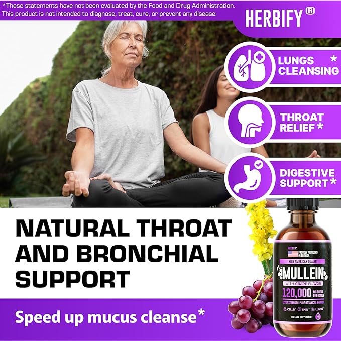 HERBIFY Mullein Drops - Lung Cleanse - Leaf Extract - Powerful Mullein for Immune Support, Detox & Respiratory Support - Made in USA - Herbal Supplements - 4 Oz Grape Flavor