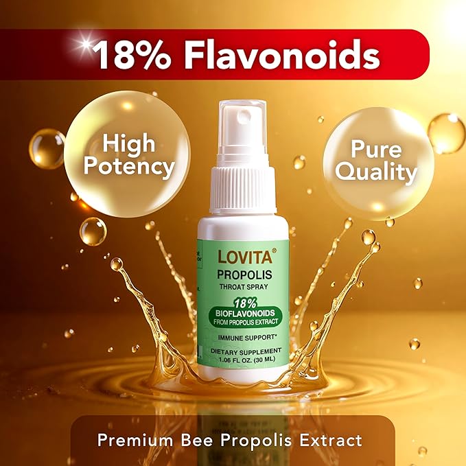 Lovita Bee Propolis Throat Spray, 18% Bioflavonoids, Alcohol-Free, Immune Support, Throat Soothing, Antioxidant, Gentle Taste, 1 Fl Oz (Pack of 3)