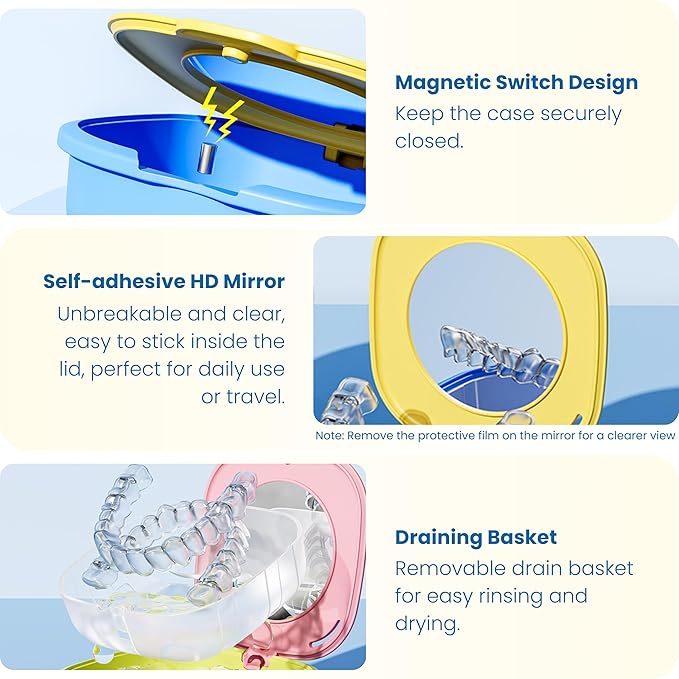 Retainer Case with Mirror and Vent Holes, Cute Slim Aligner Case Compatible with Invisalign, Magnetic Closure Orthodontic Case for Retainers and Mouth Guards (Beige & Blue)