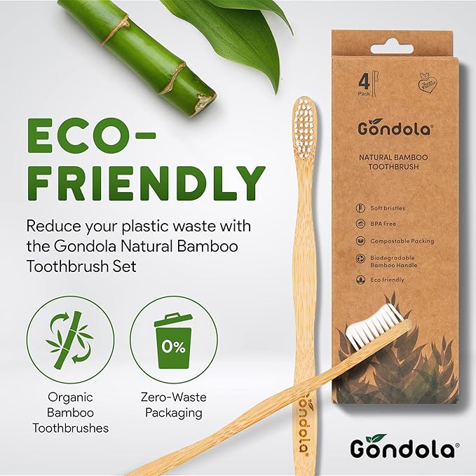 Gondola Organic Bamboo Toothbrushes (Adults - 4 Count (Pack of 1))