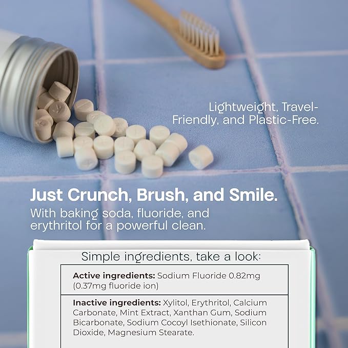 Toothpaste Tablets with Fluoride & Xylitol | Whitening, Sensitivity Relief & Enamel Remineralization | Chewable, Plastic-Free, Travel-Friendly - Mint, 180 Count (2 x 90), Made in USA