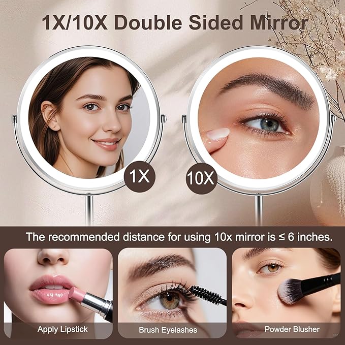 Lighted Makeup Mirror,1x/10x Magnifying Vanity Mirror with Light,3000 mAh Rechargeable 2-Sided Mirror,3 Colors Brightness Adjustable, 360 Degree Rotation, Gift for Women