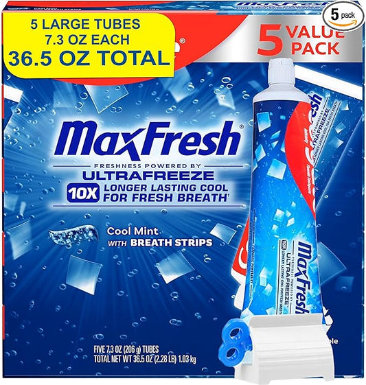 Max Toothpaste 5 Pack - 36.5 OZ Total Fresh Cool Mint – Bonus Squeezer Key, Whitening & Fluoride Tubes | Fits Most Toothpaste Sizes | Easy Squeeze, No Waste | 5-Pack Value Set